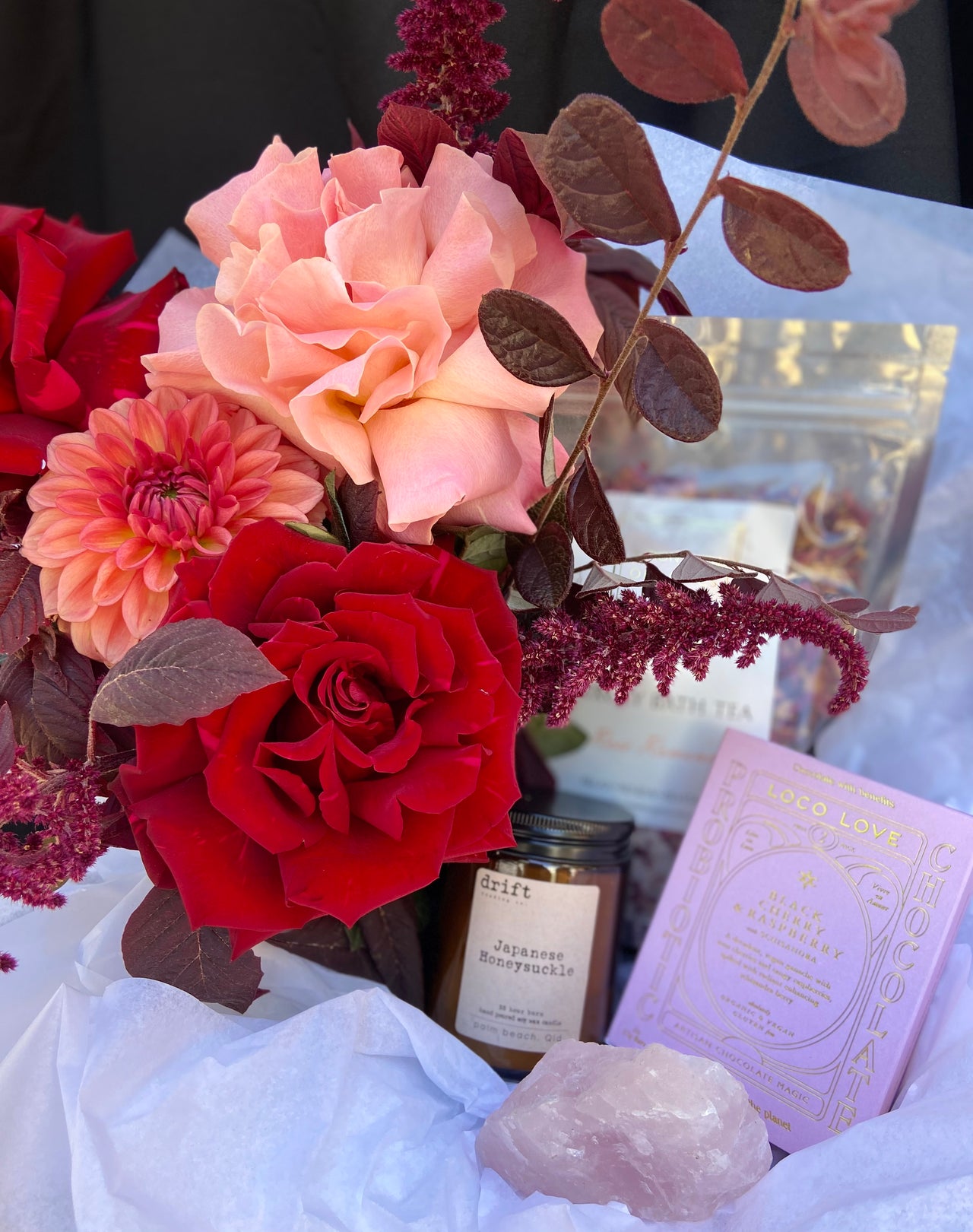 The Lovers - gift box No. 2 - Haven Botanical - Loco Love Chocolates - Drift and Co candle - Byron Bath Organics Rose Bath Tea