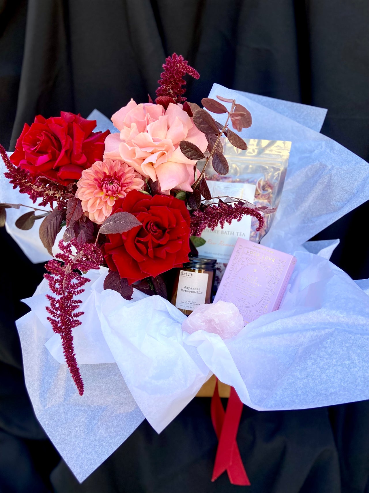 The Lovers - gift box No. 2 - Haven Botanical - Loco Love Chocolates - Drift and Co candle - Byron Bath Organics Rose Bath Tea